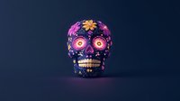 Vibrant Mexican sugar skull with glowing pink eyes and golden floral decorations on dark background, illuminated from below creating mysterious atmosphere.