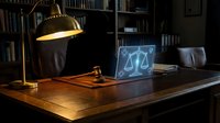 Legal office workspace with holographic justice scales display on laptop screen, wooden gavel on desk, law books background for attorney consultation services.