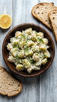 Creamy potato salad with fresh dill and lemon in wooden bowl, served with toasted bread slices on rustic white wood surface for lunch or dinner recipes.
