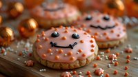 Pink frosted sugar cookie with smiling face design decorated with black and coral sprinkles on rustic wooden surface with golden ornaments in background.