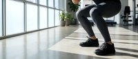Athletic woman performing squat exercise in modern gym with large windows and natural lighting for fitness training workout routine.