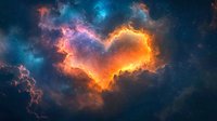 Cosmic heart-shaped nebula glowing with vibrant orange, pink and blue colors against deep space background, symbolizing love in the universe.