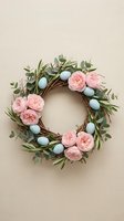 Easter wreath with pink roses and blue eggs on neutral background for spring home decor and seasonal celebrations.