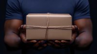African American man in blue shirt holding brown paper package tied with twine string for delivery service or gift giving concept.