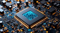 Glowing blue computer processor chip on circuit board with orange bokeh lights, macro photography showing electronic components and technology details.