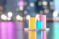 Colorful glass cylinders on reflective surface with soft bokeh background in pink, yellow and blue tones create modern minimalist composition.