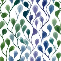 Seamless floral pattern with curved vines and abstract leaves in shades of green, blue and purple on white background. Pattern repeats for continuous surface design.