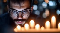 Dramatic portrait of bearded Caucasian man in glasses illuminated by warm candlelight against dark background with bokeh lights creating mysterious atmosphere.