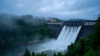 Hydroelectric dam releasing water through spillway gates into misty valley surrounded by dense forest during overcast evening creating dramatic industrial landscape.