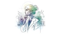 Female scientist in lab coat conducting research with chemical formulas and laboratory equipment in watercolor style for educational materials.