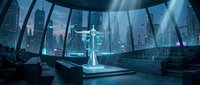Futuristic spaceship interior with holographic display and panoramic city view through curved windows in cyberpunk style sci-fi setting.