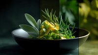 Fresh aromatic herbs and olive leaves arranged in modern black ceramic bowl against dark green background, dramatic lighting creates gourmet atmosphere.