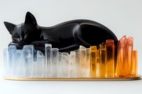 Sleeping black cat resting on gradient colored glass tubes arranged in ascending height, creating modern art installation effect against white background.