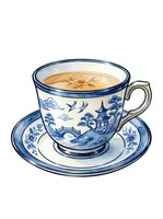 Porcelain teacup with blue and white chinoiserie design, filled with golden tea, sitting on matching saucer. Isolated clipart for design, print, and beverage projects.