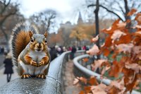 Curious squirrel sitting on stone wall in autumn city park with colorful fall foliage and blurred people walking in background for nature wildlife content.