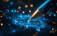 Glowing fountain pen nib creating luminous blue light trails and magical sparkles against dark background with bokeh effect, concept of creative writing and inspiration.