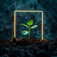 Young green sprout growing through soil surrounded by glowing neon square frame against dark background, representing growth, innovation and sustainability.
