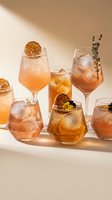 Elegant cocktail collection with orange garnishes and herbs on neutral background for beverage menu design and hospitality marketing materials.