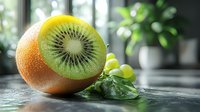 Fresh juicy kiwi fruit cut in half showing detailed texture and seeds with green grapes on dark surface against blurred kitchen background. Natural lighting.