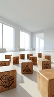 Wooden blocks with business icons scattered on white desk in modern office interior with large windows and natural light for corporate concepts.