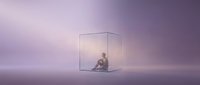 Young woman sitting in transparent glass cube on purple gradient background symbolizing isolation, confinement, and mental health awareness concepts.