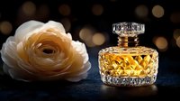 Luxury crystal perfume bottle with golden fragrance next to elegant white ranunculus flower on dark surface with warm bokeh lights background.