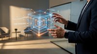 Professional businessman interacting with holographic cube displaying digital technology interface in modern office environment for business presentations.