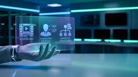 Businessman hand holding digital holographic interface with organizational chart, storyboard and network structure icons in modern tech environment.