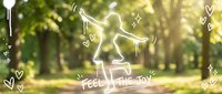 Young woman jumping joyfully in sunny park with hand-drawn doodles and feel the joy text overlay for motivational wellness content.