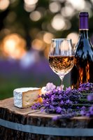 Glass of rose wine with bottle, cheese and fresh lavender on rustic wooden surface against blurred bokeh background at sunset, romantic outdoor setting.