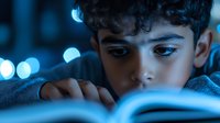 Young mixed-race boy reading book at night with blue ambient lighting. Child studying or enjoying bedtime story in cozy indoor setting with bokeh lights.