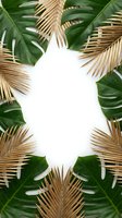 Tropical frame with golden palm leaves and monstera foliage on white background for summer design projects and vacation themed layouts.