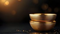 Golden ceramic bowls stacked against dark background with warm bokeh lights, creating elegant atmosphere for food photography or luxury dining concept.