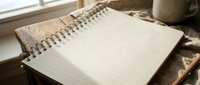 Open spiral notebook with blank lined pages on wooden desk near window with warm natural light creating soft shadows for writing and planning.