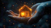 Magical glowing house made of golden sparkles floating on open palm against dark background with ethereal smoke and light particles. Concept of dreams and hope.
