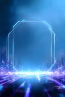 Glowing neon octagon frame against futuristic cityscape background with bright blue light effects and digital grid floor creating dynamic perspective.