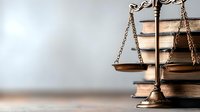 Vintage brass scales of justice with old law books on wooden table against blurred background, symbolizing legal system and jurisprudence principles.