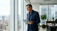 Confident middle-aged Caucasian businessman in navy suit using tablet in modern office with city skyline view for corporate presentations and meetings.