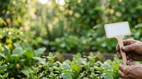Hand holding blank plant label in vegetable garden with green seedlings and blurred foliage background for gardening and agriculture projects.