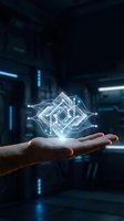 Futuristic holographic geometric structure floating above open palm in modern tech environment with blue neon lighting for digital innovation concepts.