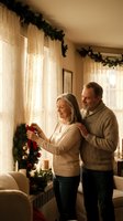 Senior Caucasian couple decorating home with Christmas wreath and garland creating warm festive holiday atmosphere together in cozy living room.