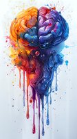 Colorful artistic brain illustration with vibrant orange and blue watercolor splash effect, paint drips and splatters showing left and right hemispheres concept.