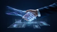 Business handshake between human and AI robot with digital holographic interface displaying data analytics charts and graphs on dark background.