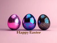 Decorative metallic Easter eggs in pink and blue colors with sparkle pattern on pink background, modern festive holiday composition for spring celebration.