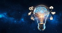 Glowing light bulb with digital brain and technology icons floating around it against starry space background representing innovation and artificial intelligence.