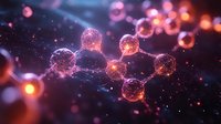 Glowing molecular structure with connected spherical particles in dark space, illuminated by orange and purple lights creating magical bokeh effect.