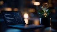Glowing digital plant growing from pot next to laptop with code on screen, representing technology growth and innovation in dark workspace setting.