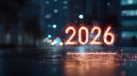 Glowing numbers 2026 with sparkle effect against dark blurred cityscape background with bokeh lights reflecting on wet surface. New Year celebration concept.