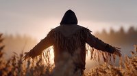 Hooded figure with outstretched arms wearing fringed jacket stands in golden wheat field at sunset creating dramatic silhouette against warm sky.