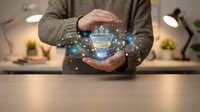 Hands holding glowing shopping cart hologram with digital particles, representing e-commerce technology and online retail innovation for business and technology concepts.